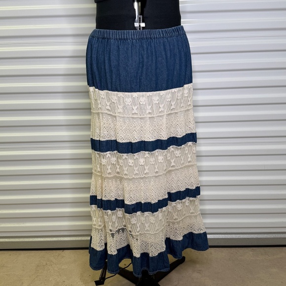 New Direction Womens XL Denim and Lace Lined Boho Peasant Maxi Skirt - Picture 8 of 8